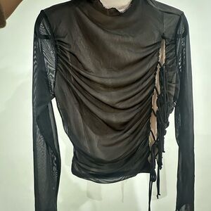 Fashion Nova Black Ruched Long Sleeve Blouse with Mandarin Collar